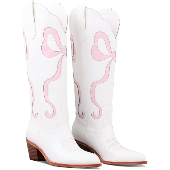 Women Light Pink Western Cowboy Boots White Cowboy Boots with Bow Night Party